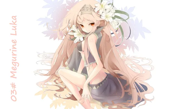 Leaves, vocaloid, Vocaloid, pink hair, white lilies, Megurine Luka, flower in hair, sideways