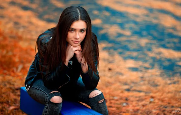 Look, girl, pose, smile, jeans, t-shirt, sitting, Aleksandr Suhar