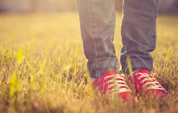 Summer, grass, girl, feet, sneakers