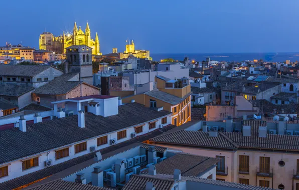 Sea, the sky, lights, home, the evening, Spain
