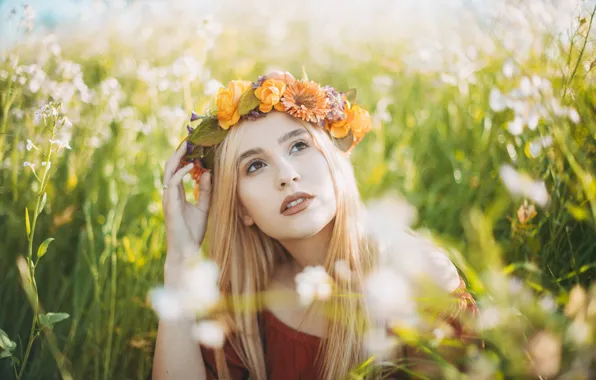 Picture field, grass, portrait, blonde, wreath