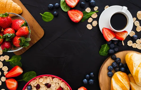 Berries, background, black, coffee, Breakfast, strawberry, cereal