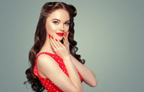 Girl, red, face, style, hair, makeup, hairstyle, gesture