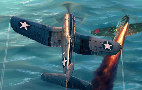 War, art, airplane, aviation, ww2, a6m zero, F4u Corsair