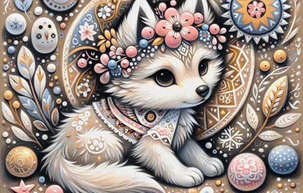 Patterns, wolf, styling, ornament, wreath, the cub, AI art, neural network