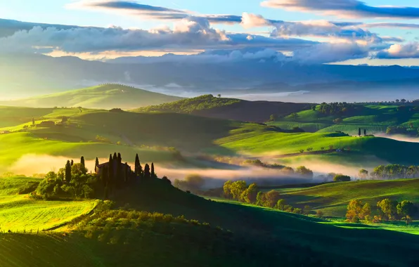 Picture the sky, clouds, trees, fog, hills, field, morning, Italy