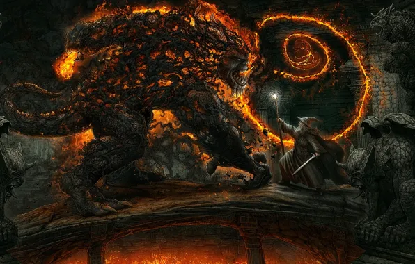 Picture bridge, fire, sword, battle, fantasy, Kerem Couplets, The Lord Of The Rings, Balrog
