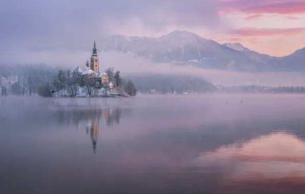 Winter, mountains, lake, reflection, island, morning, Slovenia, Lake Bled