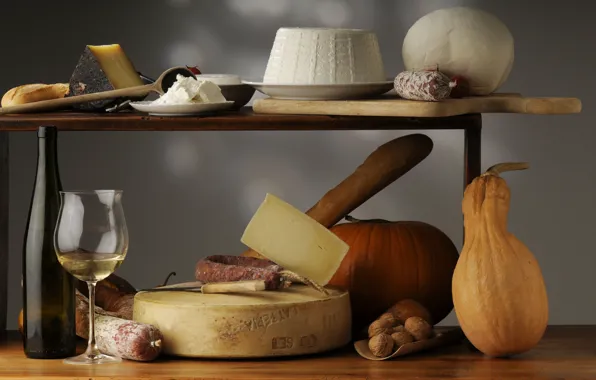 Picture wine, glass, bottle, cheese, pumpkin, nuts, still life, sausage