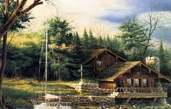 Picture Trees, Forest, Yacht, House, Picture, Terry Redlin, American illustrator, Terry Redlin