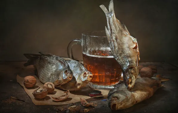 Glass, beer, nuts, still life, dried fish, taranco, Vladimir Volodin, taranka