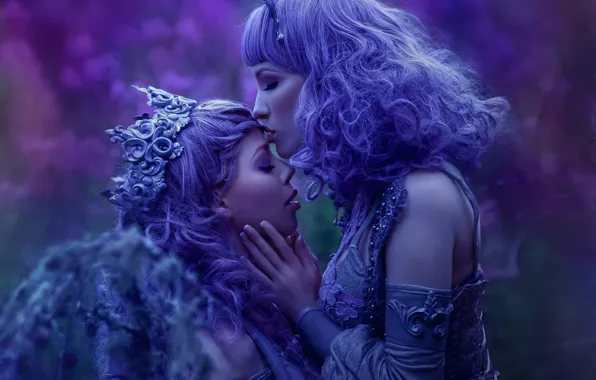 Fantasy, girls, kiss, art, Ophelia Overdose, Agnieszka Lorek, Lavender Love, sisters of night