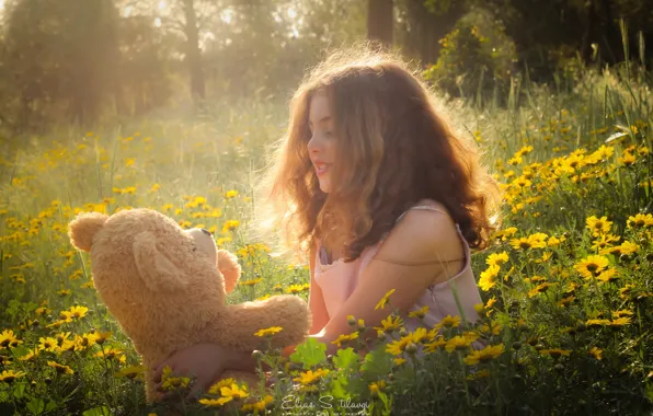 Picture flowers, mood, glade, toy, bear, girl, Teddy bear