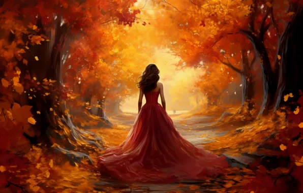Picture autumn, forest, girl, Park, foliage, red dress, alley, falling leaves