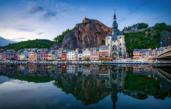 Picture rock, reflection, river, building, mountain, home, Church, Belgium