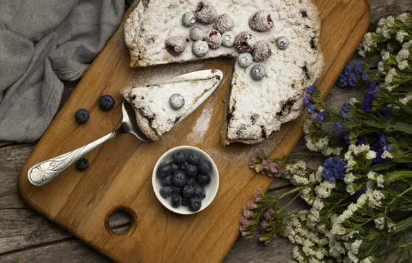 Flowers, berries, raspberry, towel, bouquet, blueberries, pie, bowl