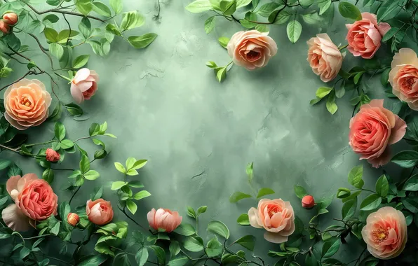 Leaves, flowers, roses, frame, green background, composition, AI art, neural network