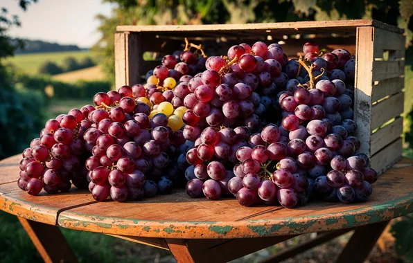 Summer, light, red, berries, table, garden, harvest, grapes