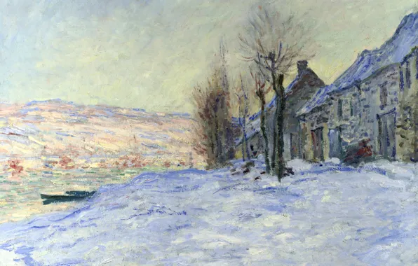 Winter, landscape, river, boat, home, picture, Claude Monet