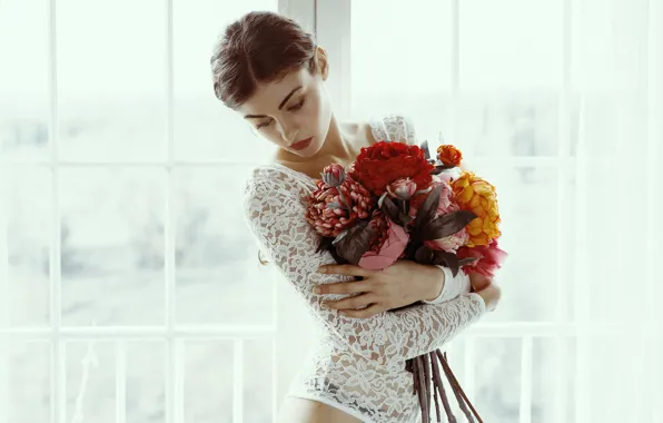 Picture flowers, face, model, bouquet, figure