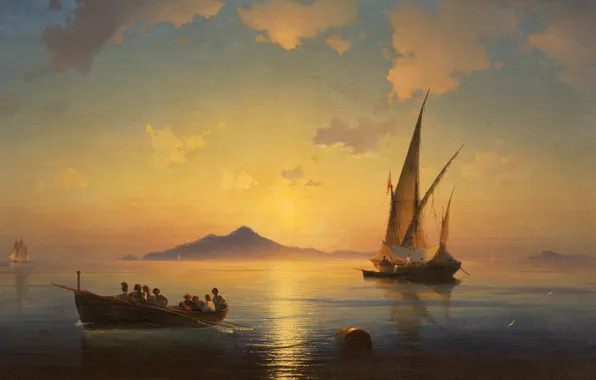 Landscape, boat, picture, sail, Ivan Aivazovsky, 1841, The Bay Of Naples
