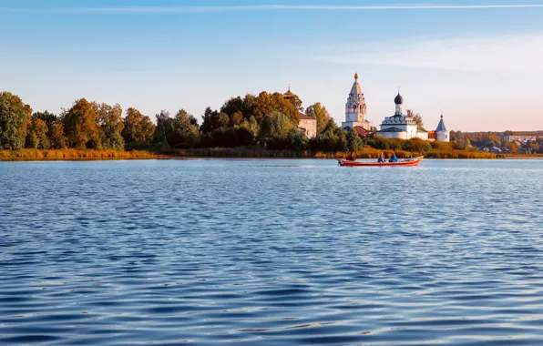 Picture landscape, nature, lake, boat, island, Holy Trinity Ostrovoezersky Monastery, Tuscan