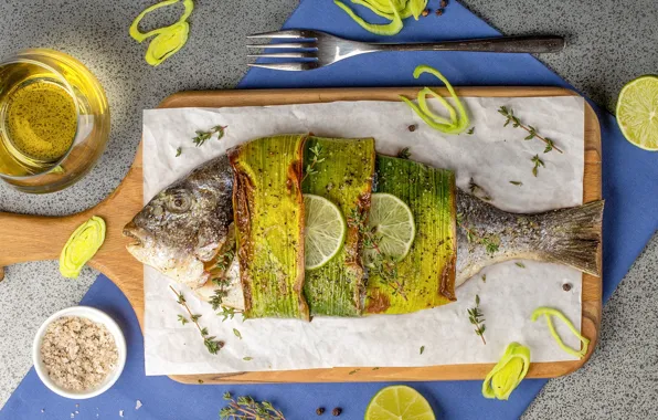 Lemon, oil, fish, spices