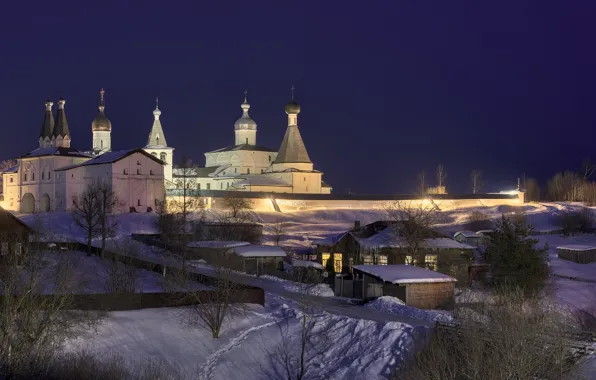 Picture winter, road, snow, night, home, village, lighting, the monastery