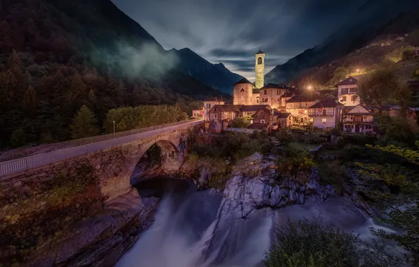 Picture landscape, mountains, night, bridge, nature, river, waterfall, home