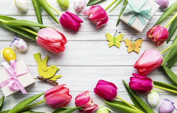 Flowers, eggs, spring, colorful, Easter, tulips, happy, wood