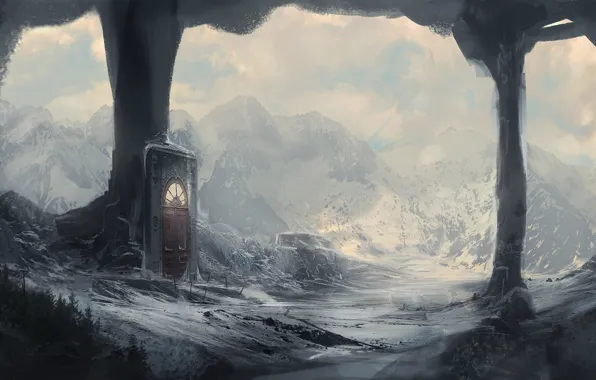 Winter, snow, mountains, the portal, the door, art, columns, the grotto