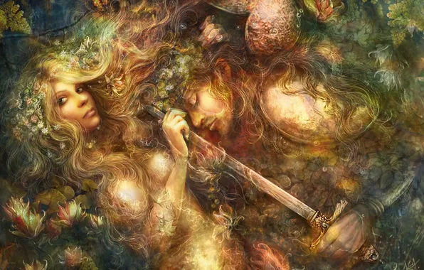 Picture water, girl, flowers, sword, warrior, art, guy, Alena Klementeva