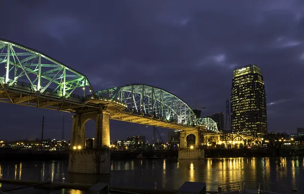 Night, bridge, lights, river, home, lights, USA, Tennessee