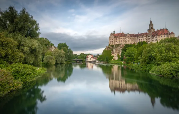 Greens, summer, the sky, clouds, trees, the city, reflection, river