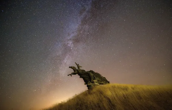 The sky, stars, horse, monument, Hill, rider