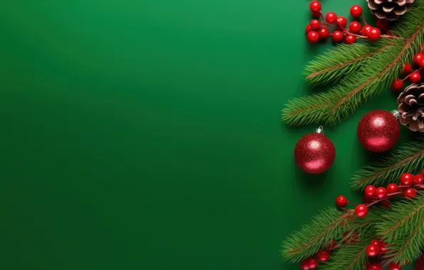 Balls, branches, Christmas, red, New year, needles, bumps, green background