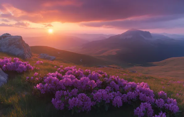 Field, the sun, clouds, flowers, mountains, fog, dawn, hills
