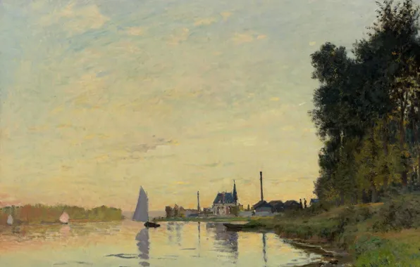 Landscape, river, boat, picture, sail, Claude Monet, Argenteuil. Late In The Evening
