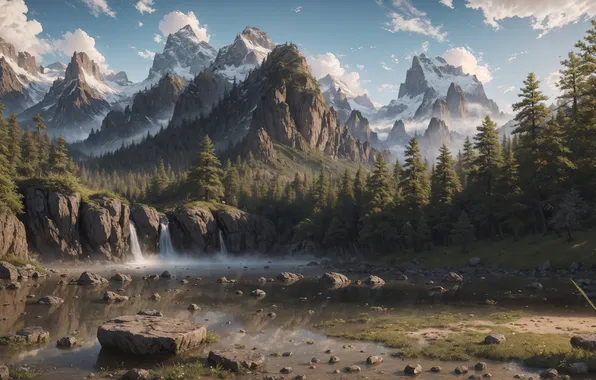Forest, the sky, mountains, nature, waterfall, digital art, lake, AI art