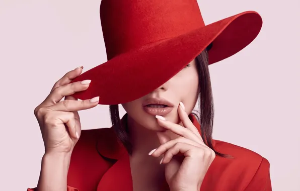 Picture girl, red, hat, hands, makeup, elegant, Alex Volot