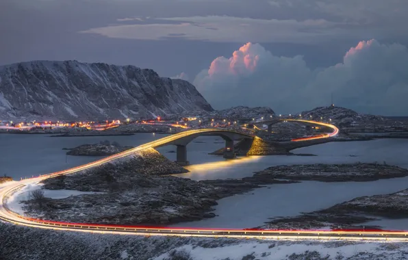 Winter, road, sea, snow, mountains, the city, lights, landscapes