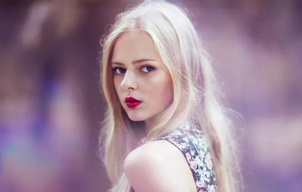 Look, girl, face, blonde, red lips, lilac background