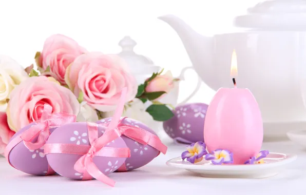 Picture flowers, holiday, roses, candle, eggs, spring, Easter, pink
