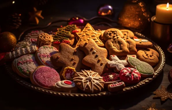 Light, the dark background, table, candle, cookies, Christmas, New year, different