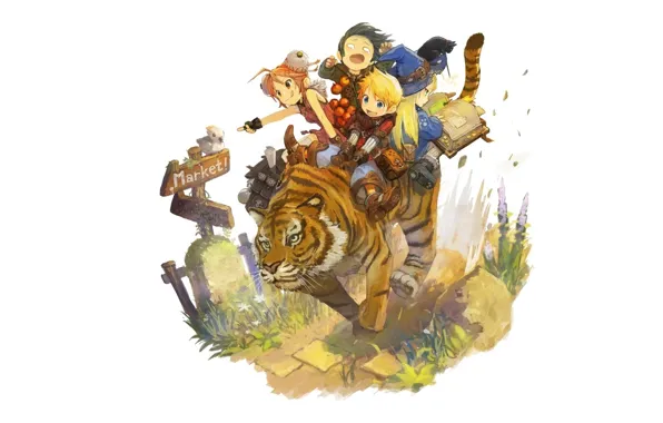Grass, children, apples, tale, hat, Tiger, index, white background