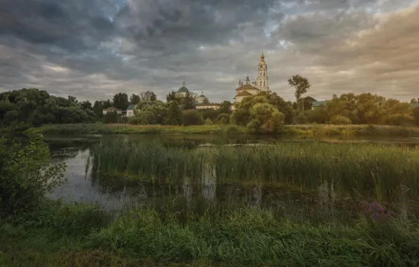 Summer, the sky, grass, clouds, trees, clouds, pond, overcast