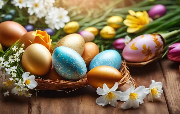 Flowers, eggs, spring, colorful, Easter, happy, flowers, spring