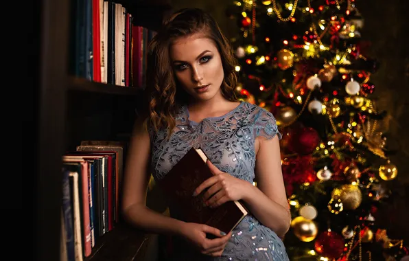 Picture look, girl, books, dress, tree, hairstyle, Vlad Popov