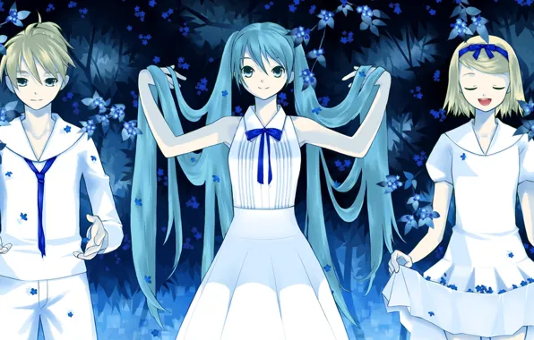 Girls, guy, Vocaloid, Vocaloid, three, Hatsune Miku, Kagamine Len, Kagamine Rin