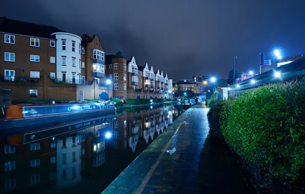 Water, night, lights, reflection, river, England, home, lights